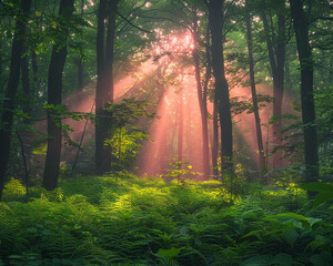 Fototapeta premium Green forest with vibrant greenery, bathed in the warm light of a pinkish sunset, the interplay of colors creating a breathtaking and serene vista.