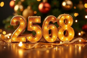 Thai Celebrate the New Year 2568 with Sparkling Gold Numbers and Festive Christmas Tree Background, Perfect for Holiday Greetings and Party Invitations.