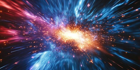 High-energy particle streams create an abstract representation of cosmic phenomena in vibrant colors and dynamic patterns