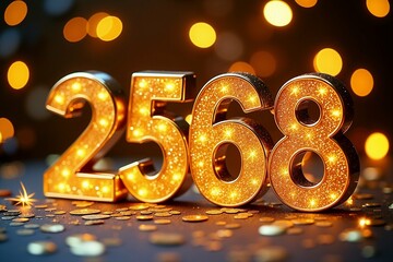 Thai Celebrate the New Year 2568 with Sparkling Gold Illuminated Numbers, Perfect for Party Decorations, Festive Atmosphere, and Memorable Moments.