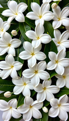 Fototapeta premium Gardenia Elegance - Pure white gardenia flowers arranged in a simple elegant pattern. background copyspace