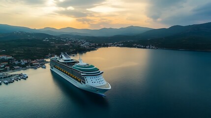 Majestic Cruise Ship at Sunset in a Serene Bay