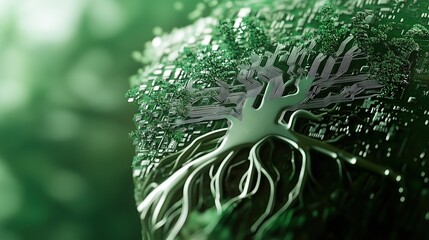 Sustainable AI development: Green technology concept with AI network growing like a living ecosystem, circuit board roots, digital leaves, illustration