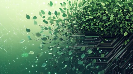 Sustainable AI development: Green technology concept with AI network growing like a living ecosystem, circuit board roots, digital leaves, illustration