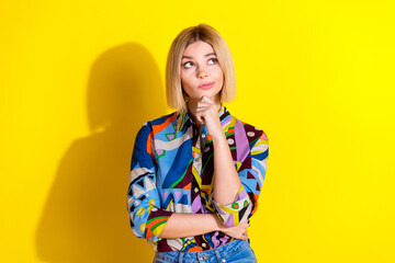 Photo portrait of pretty young girl look minded skeptical empty space wear trendy colorful outfit...