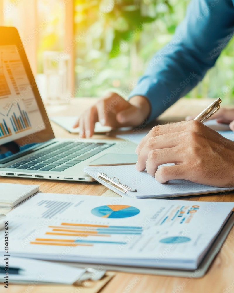 Poster business professional analyzing data and creating reports with laptop, graphs, and notes in bright o