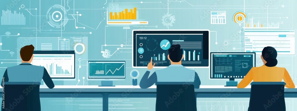 Poster three professionals analyzing data on multiple monitors in a modern office environment with graphs a
