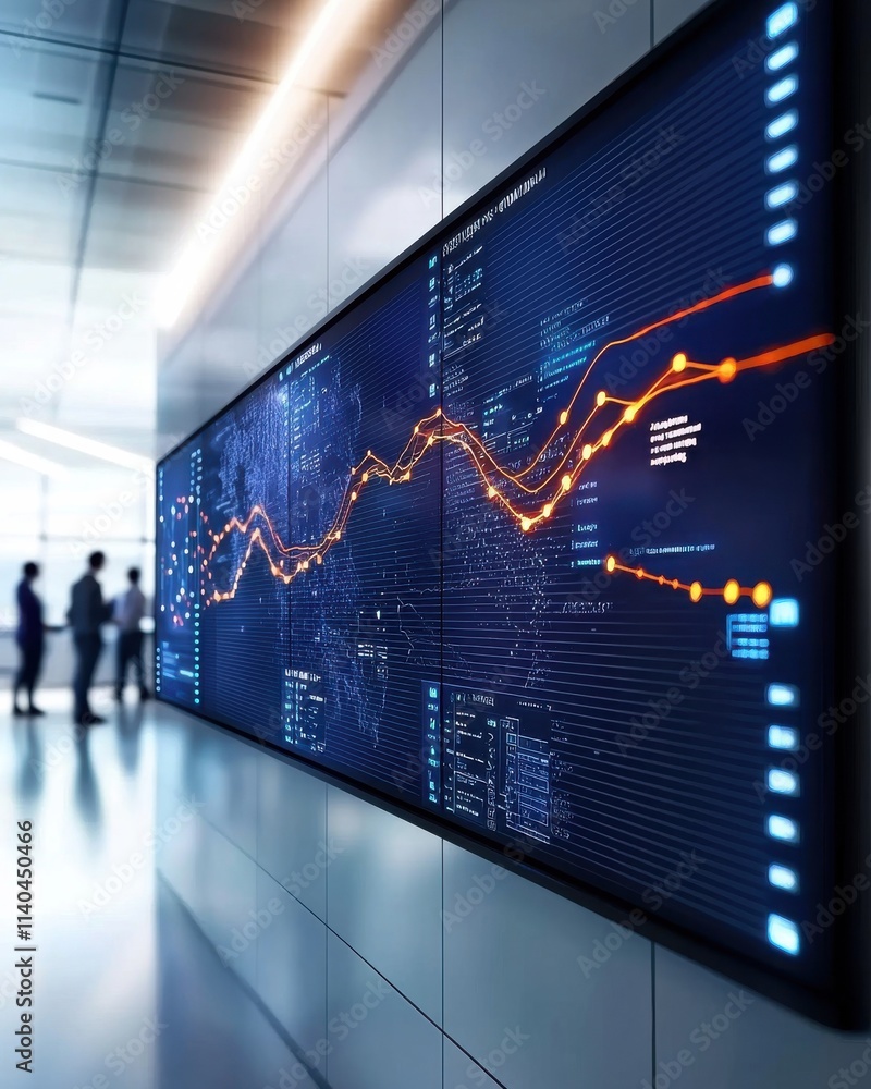 Poster modern data visualization on a large screen in a corporate office with business professionals analyz