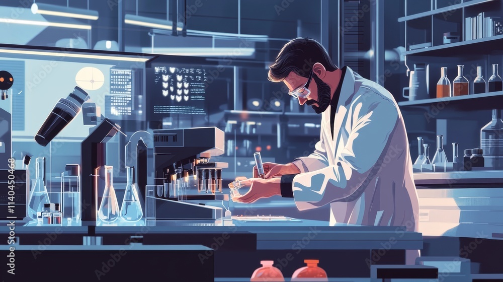 Poster scientist conducting experiment in modern laboratory setting