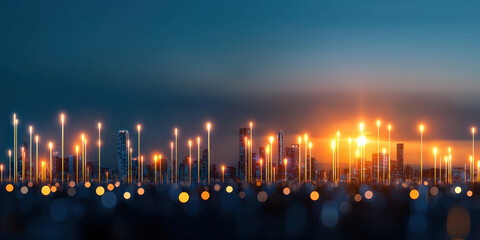vibrant city skyline at sunset with glowing lights and reflections