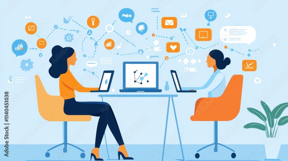 Aufkleber two businesswomen collaborating in a modern office setting, using digital devices for data analysis 