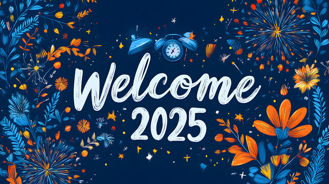 A minimalist flat design illustration of a clock striking midnight with fireworks exploding in the background, and the message "Welcome 2025" in simple, clean typography.