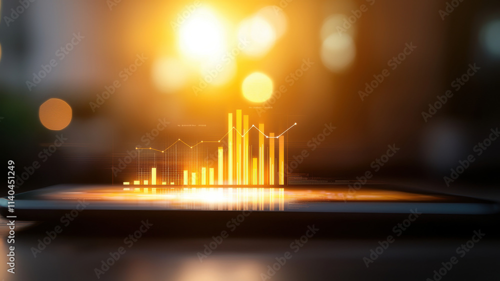 Poster data visualization on tablet with glowing graphs and warm sunlight