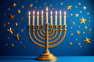 Celebrate Hanukkah with Elegance: Illuminated Menorah against a Starry Blue Night Sky, Perfect for Festive Home Decor or Greeting Cards.