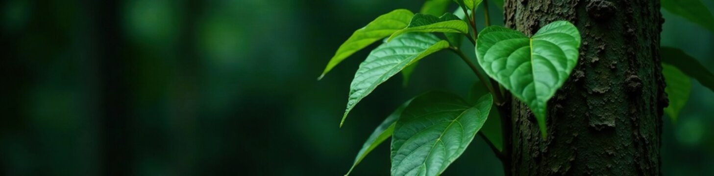 Kratom tree on dark plant tree with green leaves and vines, leaves, vines