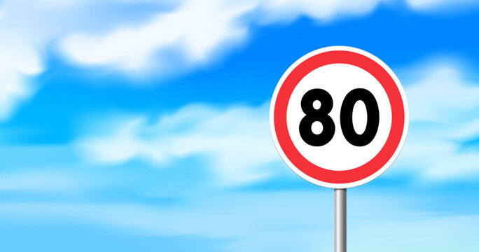 80 kmh speed limit road sign on sky backround with copy space vector illustration