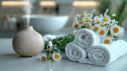 Obraz premium Spa setting with essential oil, diffuser, towels, and chamomile flowers.