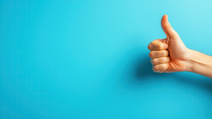 Hand giving thumbs up gesture against bright blue background