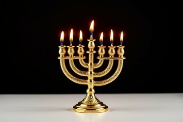 Elegant Golden Hanukkah Menorah with Nine Lit Candles, Perfect for Festive Celebrations and Home Decor.