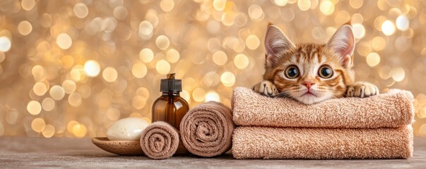 A cozy cat rests on soft towels, surrounded by spa essentials, against a shimmering golden backdrop.