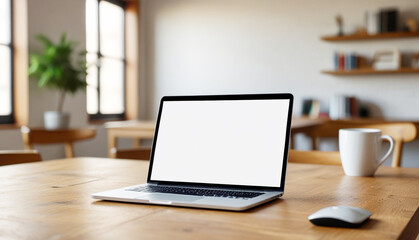 Fototapeta premium Laptop mockup, blank white screen laptop on wooden table with office room blur background. Generative AI
