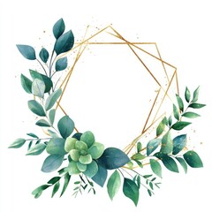 Watercolor Floral Frame with Gold Geometric Design