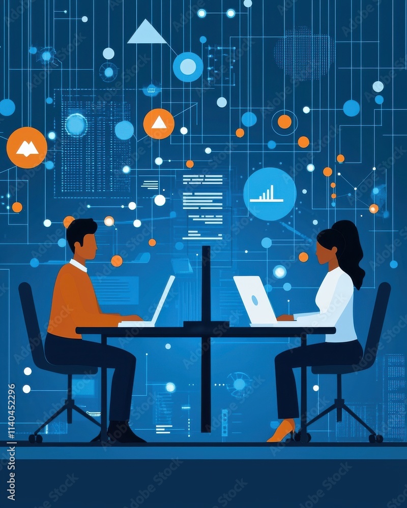 Poster two professionals collaborating in a modern office setting surrounded by data visualization, technol