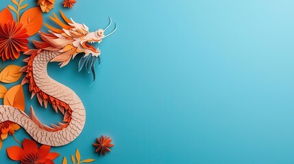 Obraz premium Origami dragon wings creating a protective canopy over a festive Chinese New Year table with papercut elements