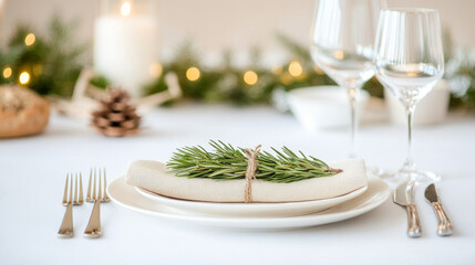 A beautifully set dining table for festive occasion, featuring white plate with neatly rolled napkin tied with twine and adorned with fresh rosemary. elegant glassware and soft lighting create warm, i