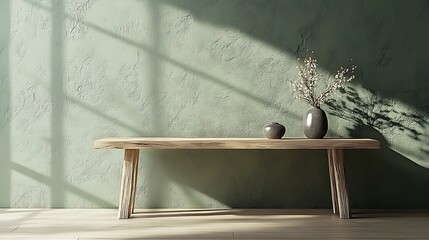 Obraz premium Wood Bench and Vases Photo With Sun Light and Green Wall Background. AI Generated