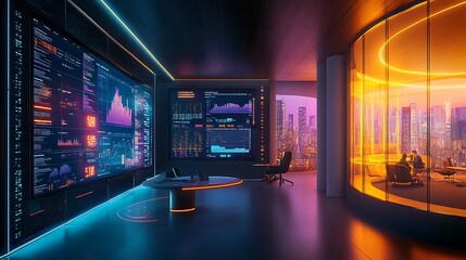 A futuristic office with touch-responsive dashboards spanning across digital walls, glowing interactive data visualizations in vivid colors, clean modern decor,