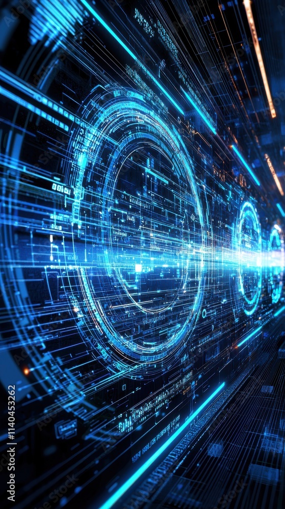 Poster futuristic abstract technology background with bright blue lines and circles emphasizing digital con