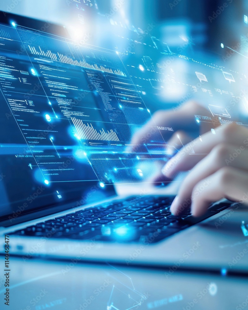 Poster innovative data analysis and technology visualization with person typing on laptop in futuristic dig