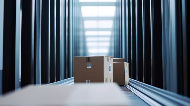 A series of cardboard boxes travel along a conveyor belt in a warehouse, representing the logistics and shipping industry