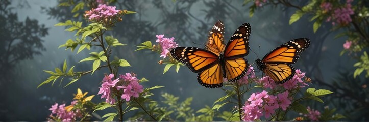 Leafy Branch with Monarch Butterfly and Flowers, foliage, delicate