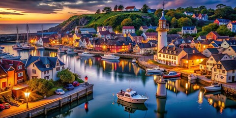 Isometric Coastal Town at Dusk: Lighthouse, Marina, Fishing Houses - Low Light Photography