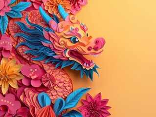 Obraz premium A whimsical papercut dragon entangled with glowing Chinese New Year decorations and origami symbols of wealth
