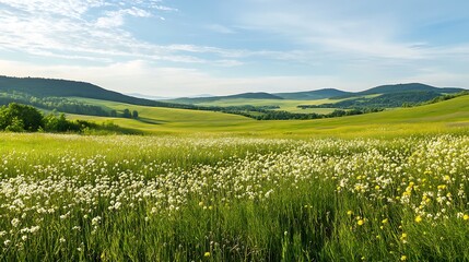 Serene Summer Meadow Landscape Photography: Rolling Hills and Wildflowers. AI Generated