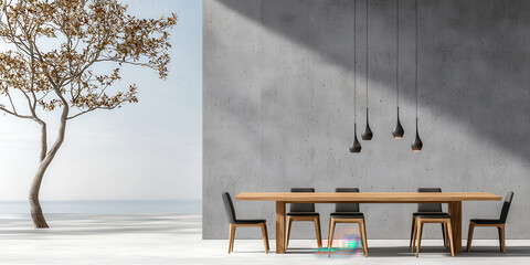 Obraz premium Modern dining area with concrete wall and wooden table, creating serene atmosphere
