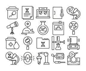lab experiment and biology line icons set