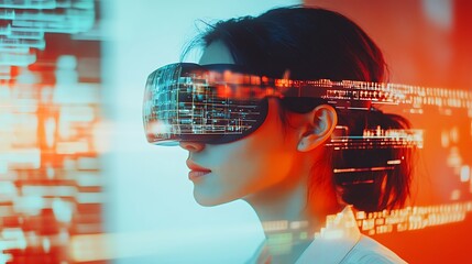 Woman Experiencing Immersive Virtual Reality, Futuristic Digital Overlay. AI Generated