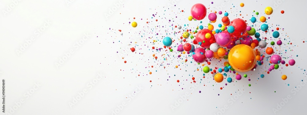 Poster colorful abstract composition of floating spheres in various sizes and colors against a clean white 