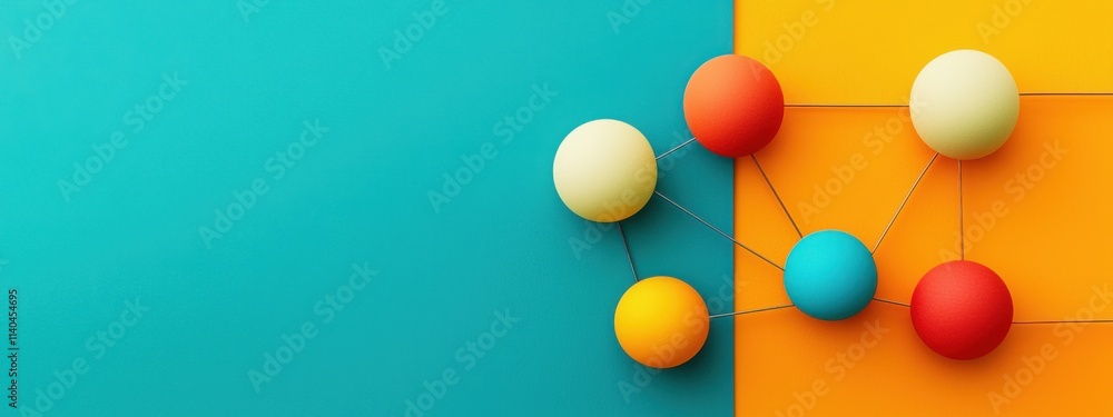 Poster abstract colorful composition with connected nodes on a bright background, featuring harmonious blen