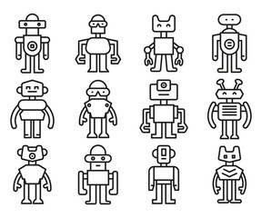 cartoon robot icons set line illustration