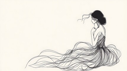 Elegant Line Drawing: Woman in a Flowing Gown, Contemplative Pose. AI Generated