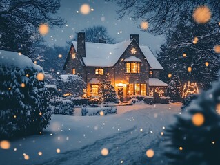 Fototapeta premium Snow-covered Village With Glowing Christmas Lights 