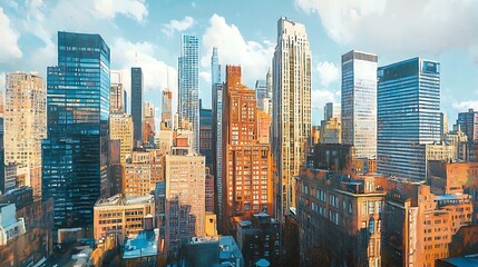 Wide shot photo capturing urban skyscrapers powerfully rising under sky. AI Generated