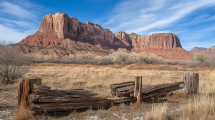 Scenic landscape featuring rugged mountain, stunning, background and weathered wooden structures in a natural setting.