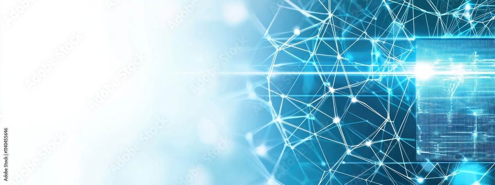 Poster abstract technology network background with bright blue light rays and digital data connections repr