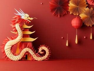 Obraz premium An origami dragon coiled around a glowing papercut pagoda with Chinese New Year fireworks in the background